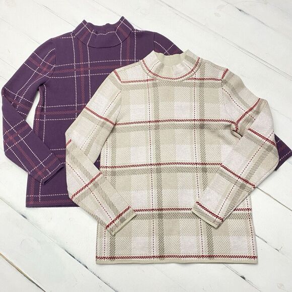 Lot Lands End Plaid Mock Neck Stretch Cotton Blend Sweaters Women's Small (6-8) - Picture 1 of 16